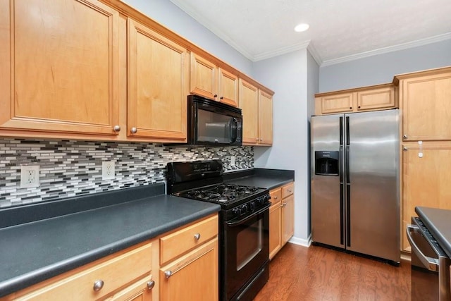 786 Brookside Parc Ln, Avondale Estates, GA 30002 - kitchen featuring black appliances, dark countertops, crown molding, wood finished floors, and tasteful backsplash