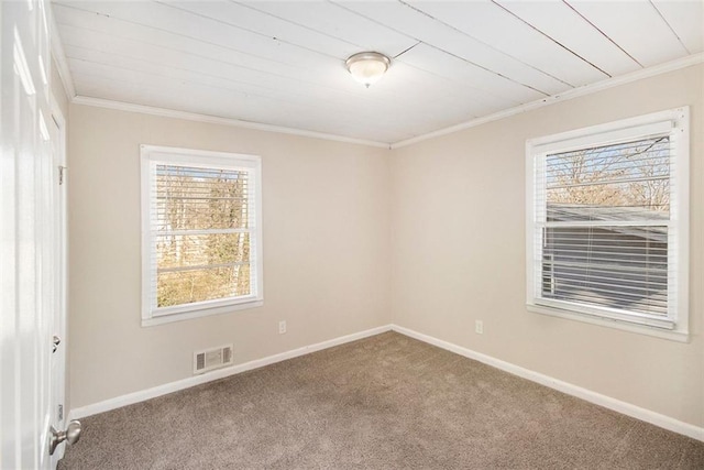 carpeted spare room featuring a wealth of natural light and ornamental molding