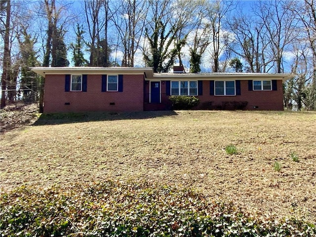 single story home featuring a front lawn, brick siding, and crawl space