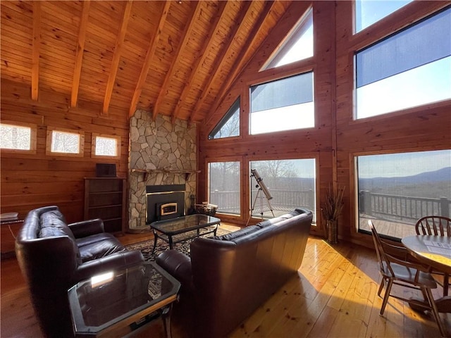 71 Hidden Valley Dr S, Ellijay, GA 30536 - living area featuring high vaulted ceiling, hardwood / wood-style floors, a wooden ceiling with exposed beams, wooden walls, and a fireplace
