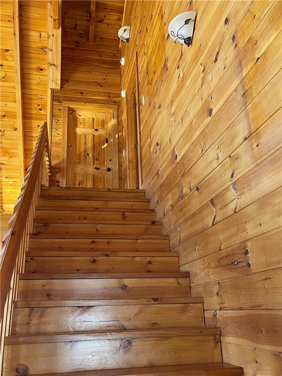 71 Hidden Valley Dr S, Ellijay, GA 30536 - stairway featuring wooden walls and a sauna / steam room