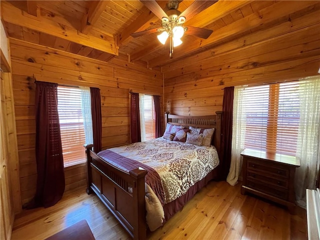 71 Hidden Valley Dr S, Ellijay, GA 30536 - bedroom with a wooden ceiling with exposed beams, light wood-style flooring, wooden walls, and ceiling fan