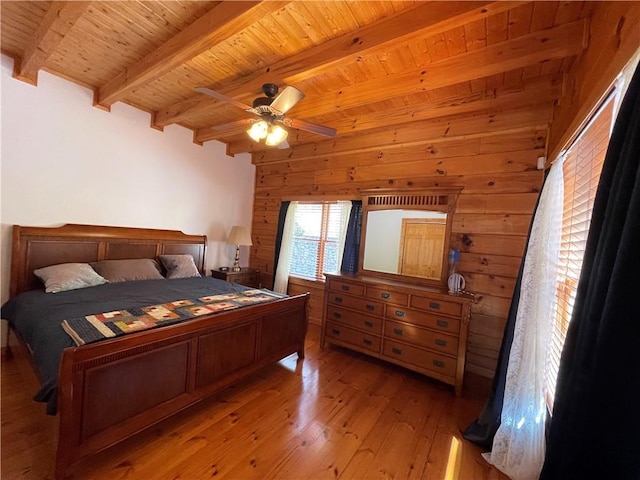 71 Hidden Valley Dr S, Ellijay, GA 30536 - bedroom featuring a wood ceiling with exposed beams, wooden walls, light wood finished floors, and ceiling fan