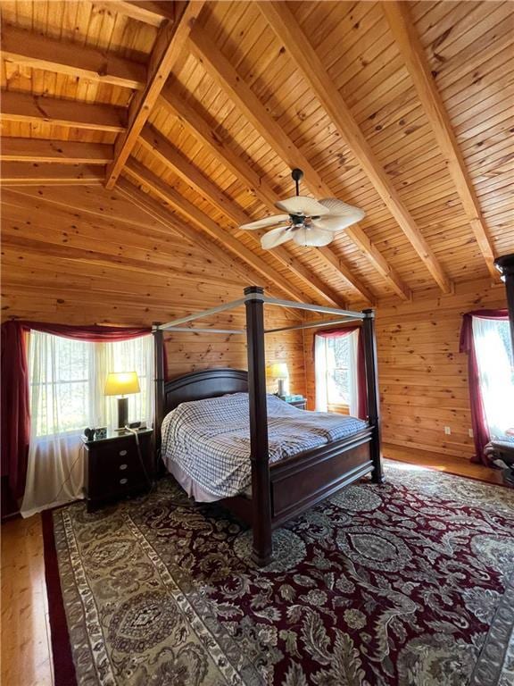 71 Hidden Valley Dr S, Ellijay, GA 30536 - bedroom with multiple windows, wooden walls, wooden ceiling, and hardwood / wood-style flooring