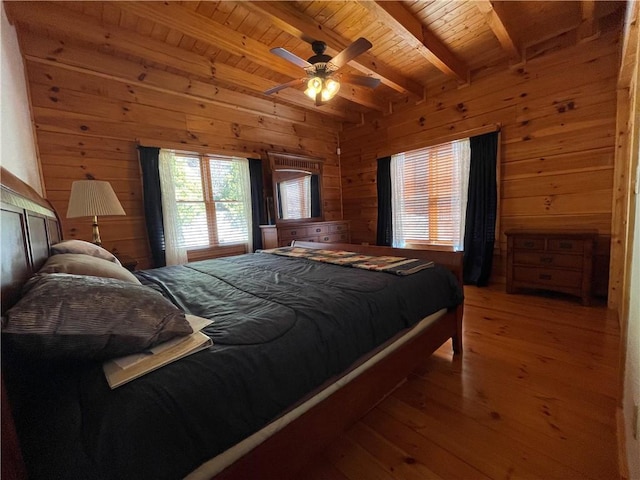71 Hidden Valley Dr S, Ellijay, GA 30536 - bedroom featuring a wooden ceiling with exposed beams, wooden walls, hardwood / wood-style floors, and ceiling fan