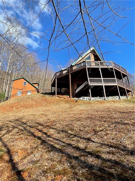 71 Hidden Valley Dr S, Ellijay, GA 30536 - back of house with a wooden deck and stairway