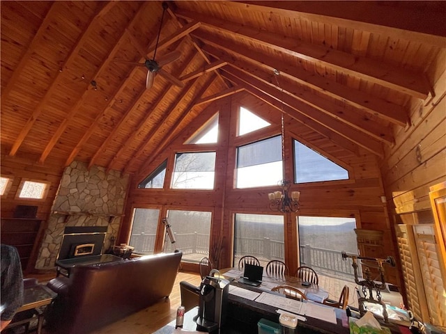 71 Hidden Valley Dr S, Ellijay, GA 30536 - living area featuring wood walls, high vaulted ceiling, a fireplace, a chandelier, and wood finished floors