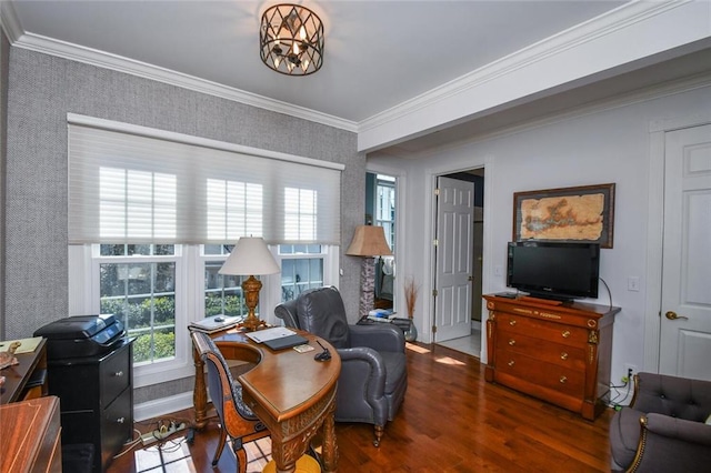 office with hardwood / wood-style flooring and crown molding