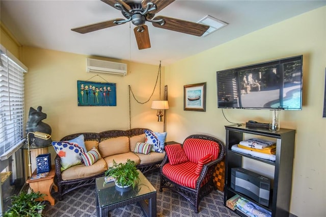 living room with a wall mounted air conditioner, plenty of natural light, and ceiling fan