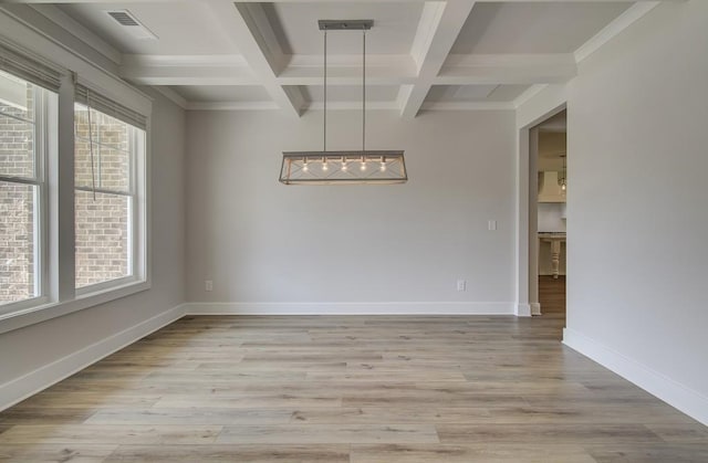 unfurnished dining area featuring light hardwood / wood-style floors, crown molding, beam ceiling, and coffered ceiling