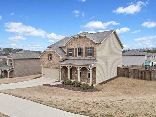 view of front of property with a garage, a porch, concrete driveway, and brick siding