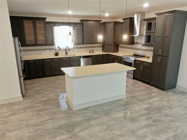 4590 River Stone Trl, Douglasville, GA 30135 - kitchen featuring appliances with stainless steel finishes, wall chimney range hood, a sink, backsplash, and light countertops