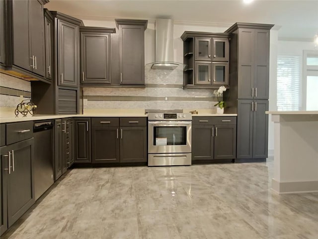 4590 River Stone Trl, Douglasville, GA 30135 - kitchen featuring appliances with stainless steel finishes, wall chimney range hood, light countertops, decorative backsplash, and glass insert cabinets