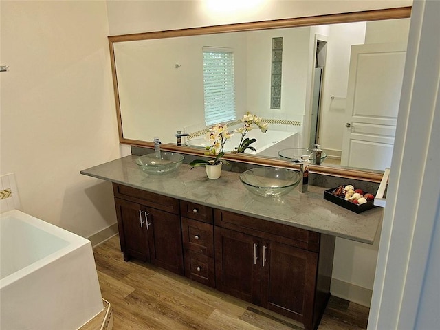 4590 River Stone Trl, Douglasville, GA 30135 - bathroom featuring a soaking tub, double vanity, and wood finished floors