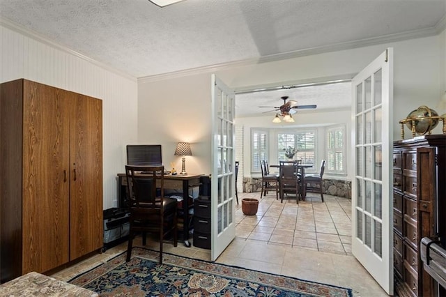 263 Mountainview Cir, Canton, GA 30115 - tiled office space featuring french doors, crown molding, a textured ceiling, and a ceiling fan