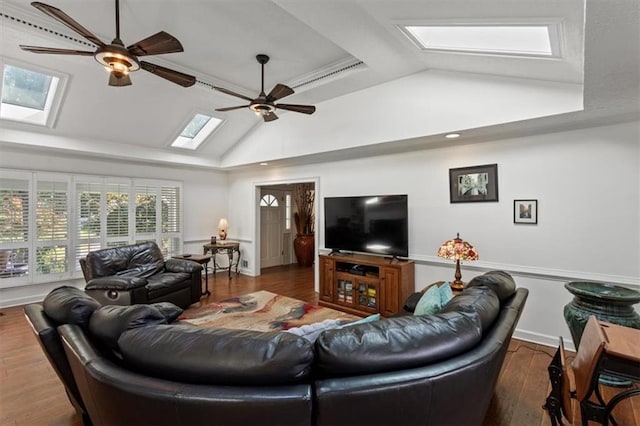 263 Mountainview Cir, Canton, GA 30115 - living area with a skylight, vaulted ceiling, a ceiling fan, and wood finished floors
