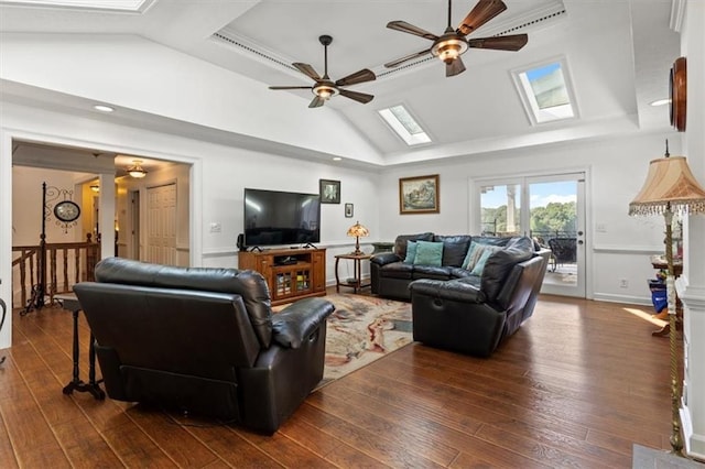 263 Mountainview Cir, Canton, GA 30115 - living area featuring a skylight, lofted ceiling, ceiling fan, and dark wood-style floors