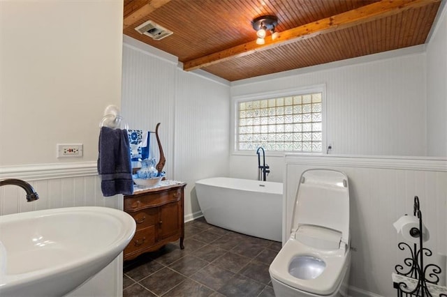 263 Mountainview Cir, Canton, GA 30115 - full bathroom with a soaking tub, a wooden ceiling with exposed beams, tile patterned floors, and wood walls