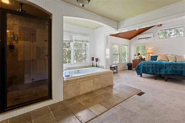 263 Mountainview Cir, Canton, GA 30115 - bathroom with an AC wall unit, a stall shower, a bath, lofted ceiling, and ornamental molding