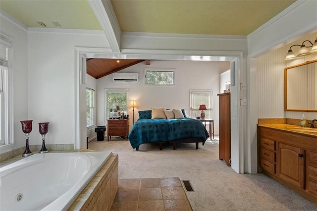 263 Mountainview Cir, Canton, GA 30115 - bedroom with a wall mounted air conditioner, light carpet, and ornamental molding