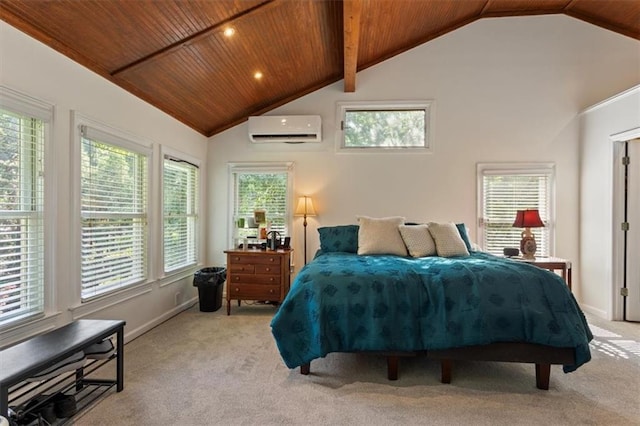263 Mountainview Cir, Canton, GA 30115 - bedroom with a wall mounted AC, wood ceiling, light carpet, recessed lighting, and high vaulted ceiling