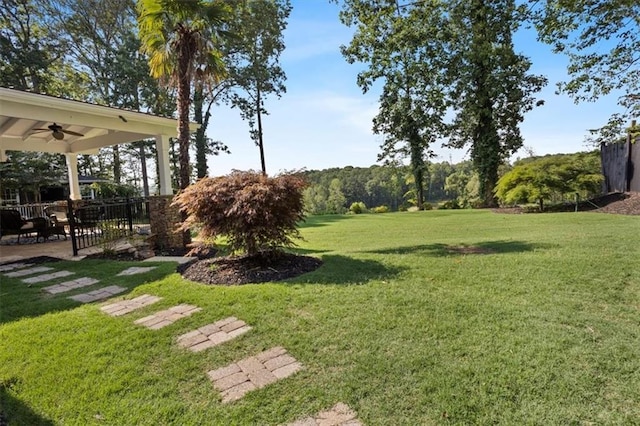 263 Mountainview Cir, Canton, GA 30115 - view of green lawn with a ceiling fan and a patio area