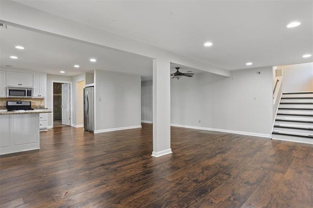 263 Mountainview Cir, Canton, GA 30115 - unfurnished living room featuring ceiling fan, recessed lighting, stairs, and dark wood-type flooring