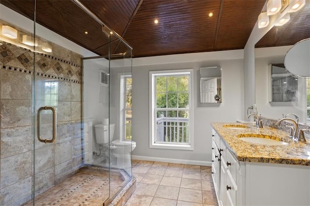 263 Mountainview Cir, Canton, GA 30115 - full bathroom featuring wood ceiling, double vanity, a stall shower, and tile patterned floors