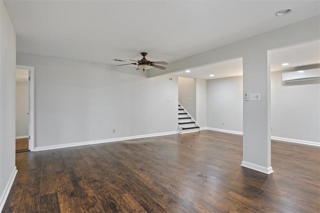263 Mountainview Cir, Canton, GA 30115 - unfurnished living room with an AC wall unit, a ceiling fan, dark wood finished floors, stairway, and recessed lighting