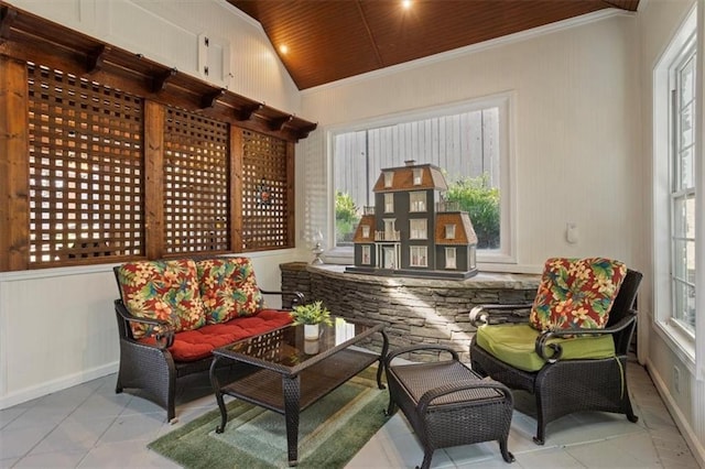 263 Mountainview Cir, Canton, GA 30115 - wine room with ornamental molding, tile patterned floors, wood ceiling, and vaulted ceiling