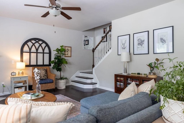 2099 Lakeview Bend Way, Buford, GA 30519 - living room featuring ceiling fan, stairs, and wood finished floors