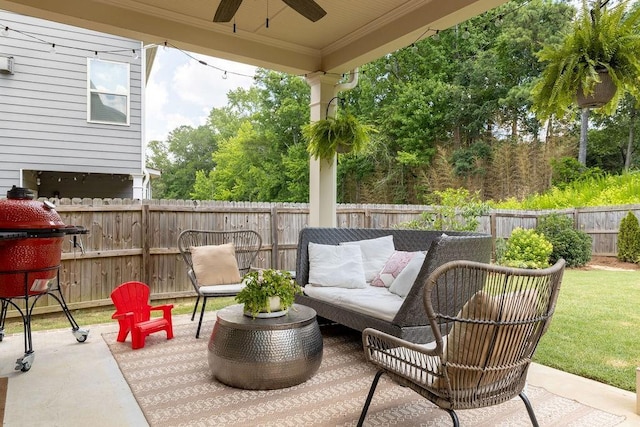 2099 Lakeview Bend Way, Buford, GA 30519 - fenced backyard featuring a ceiling fan and a patio
