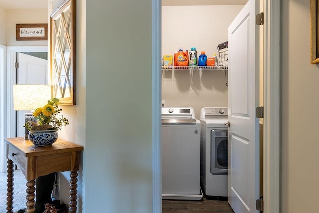 2099 Lakeview Bend Way, Buford, GA 30519 - washroom featuring washing machine and clothes dryer and dark wood-style flooring