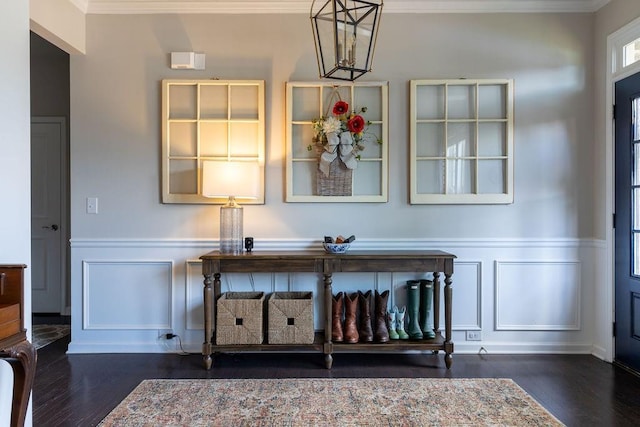 2099 Lakeview Bend Way, Buford, GA 30519 - detailed view of a decorative wall, crown molding, wood finished floors, wainscoting, and a chandelier