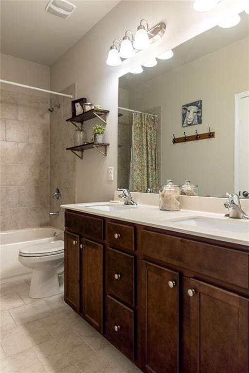 2099 Lakeview Bend Way, Buford, GA 30519 - full bath featuring double vanity, shower / tub combo with curtain, and tile patterned floors