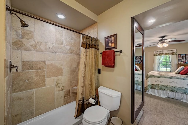 bathroom with toilet, shower / bath combo, ensuite bathroom, ceiling fan, and recessed lighting