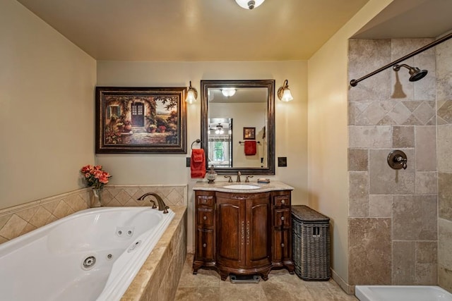 bathroom featuring vanity, a whirlpool tub, and tiled shower
