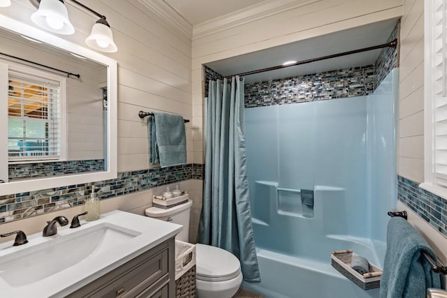 full bath featuring toilet, shower / tub combo with curtain, tile walls, crown molding, and tasteful backsplash