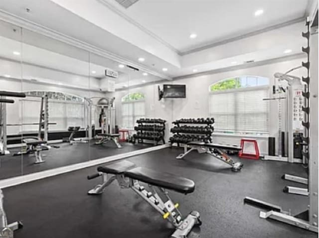 1075 Peachtree Walk Unit A205, Atlanta, GA 30309 - workout area featuring crown molding and recessed lighting