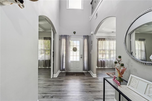 4850 Wilshire Xing, Cumming, GA 30040 - foyer featuring plenty of natural light, baseboards, wood finished floors, a towering ceiling, and ornamental molding