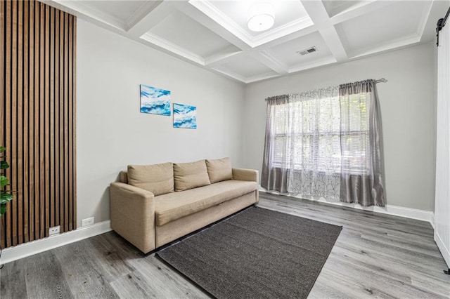 4850 Wilshire Xing, Cumming, GA 30040 - living room with wood finished floors, baseboards, beam ceiling, and coffered ceiling