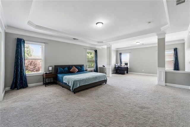 4850 Wilshire Xing, Cumming, GA 30040 - bedroom with a tray ceiling, ornamental molding, decorative columns, and carpet flooring