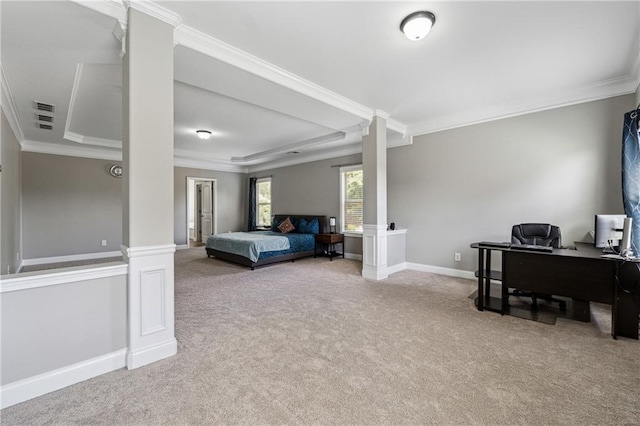 4850 Wilshire Xing, Cumming, GA 30040 - carpeted bedroom featuring decorative columns, crown molding, an office area, and baseboards