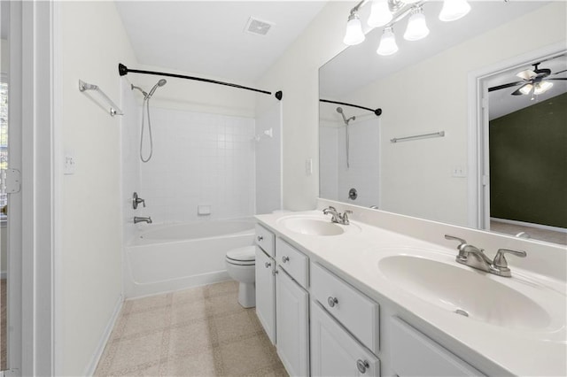 full bathroom with double vanity, visible vents, toilet, and a sink