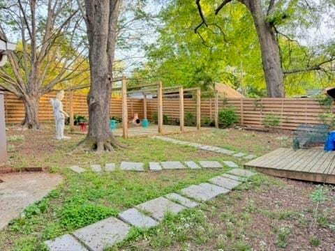 view of yard with a fenced backyard and a wooden deck