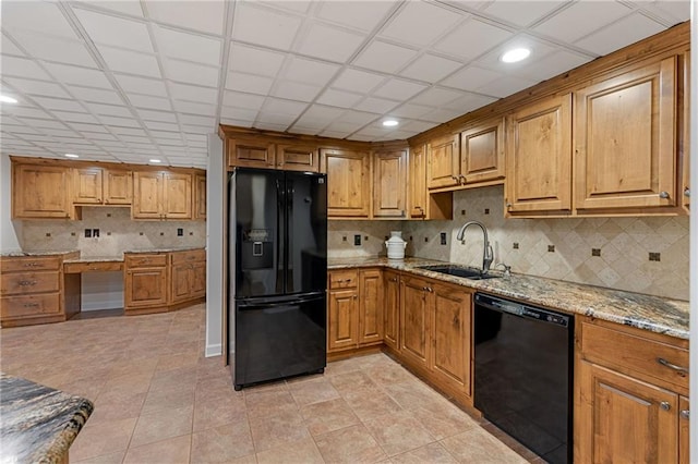 168 Eagle Pointe Dr, Dahlonega, GA 30533 - kitchen featuring black appliances, a sink, light stone counters, recessed lighting, and backsplash