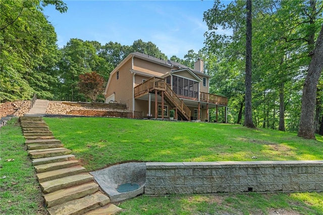 168 Eagle Pointe Dr, Dahlonega, GA 30533 - rear view of property with stairway, a wooden deck, a chimney, and a yard
