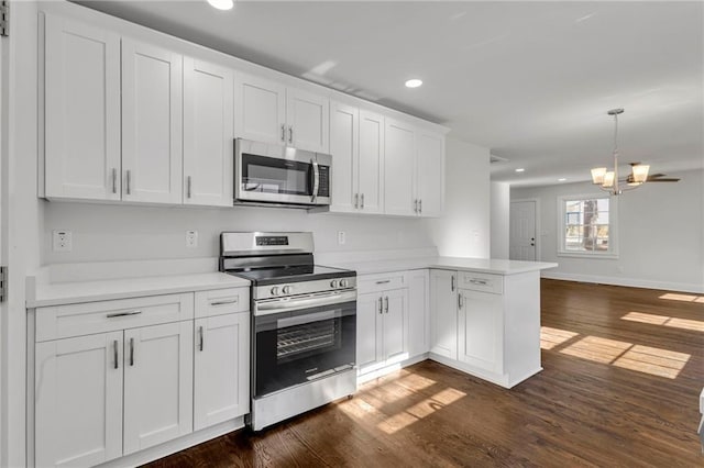 1271 Lorenzo Dr SW, Atlanta, GA 30310 - kitchen with stainless steel appliances, a peninsula, a chandelier, recessed lighting, and dark wood finished floors
