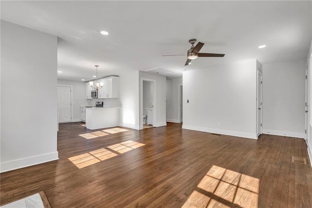 1271 Lorenzo Dr SW, Atlanta, GA 30310 - unfurnished living room featuring ceiling fan, dark wood finished floors, baseboards, and recessed lighting