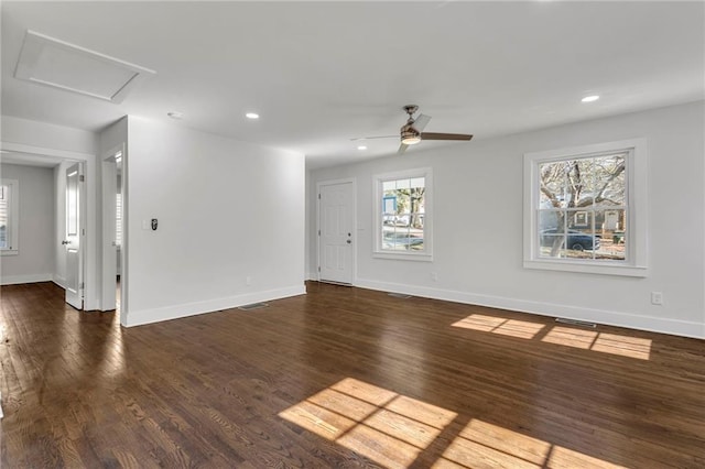 1271 Lorenzo Dr SW, Atlanta, GA 30310 - unfurnished living room featuring ceiling fan, dark wood-type flooring, recessed lighting, and baseboards
